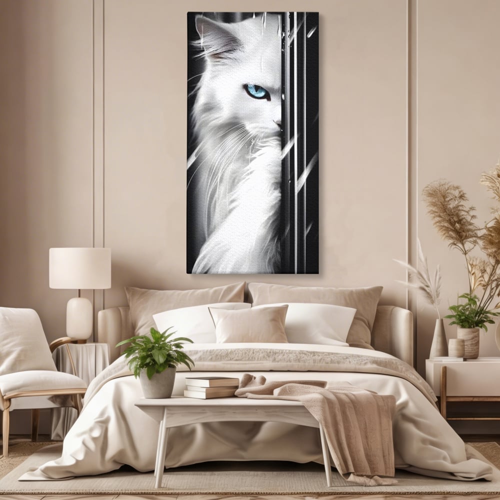 Tablou canvas cu tablou canvas cu pisica alba si ochi albastri, fara rama, pe sasiu de lemn, pe perete intr-un dormitor